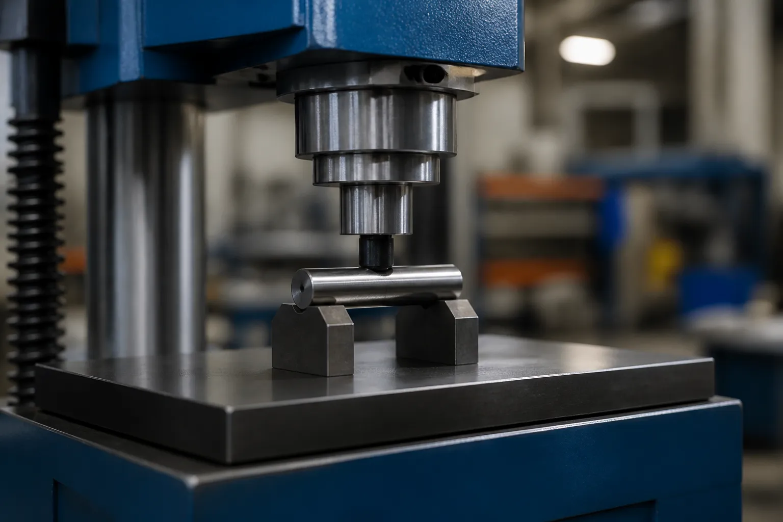 Precision hydraulic point-press straightening machine applying a small controlled load to a short cylindrical piston pin supported by two narrow anvils