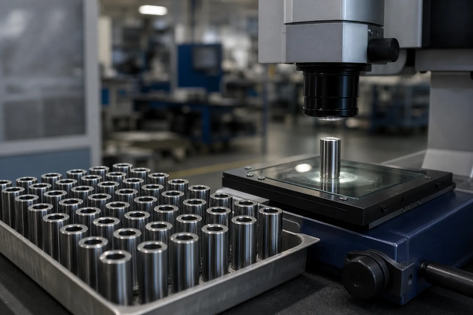 Rows of finished piston pins in a shallow parts tray beside a measuring microscope in a clean engine component quality inspection area