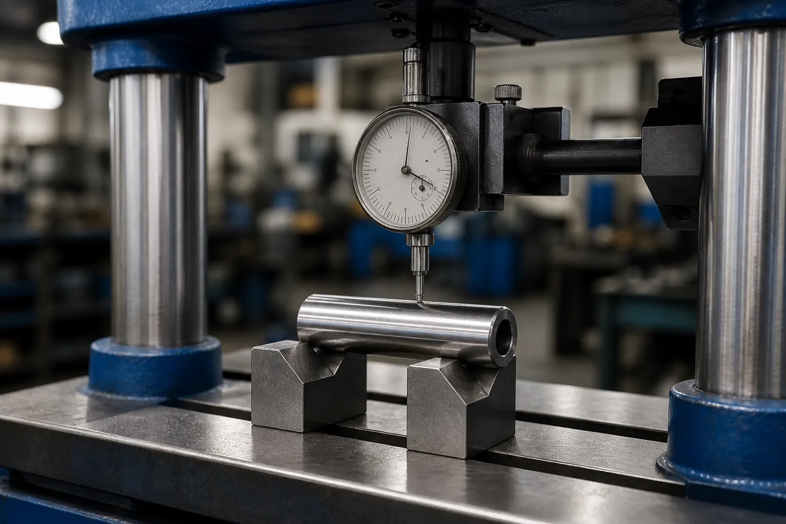 Precision hardened steel piston pin resting on V-block supports under a dial indicator on a straightening press