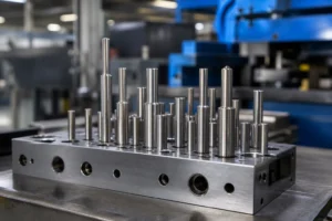 Precision ground stamping punch pins standing upright in a machined steel holder block in a tool room