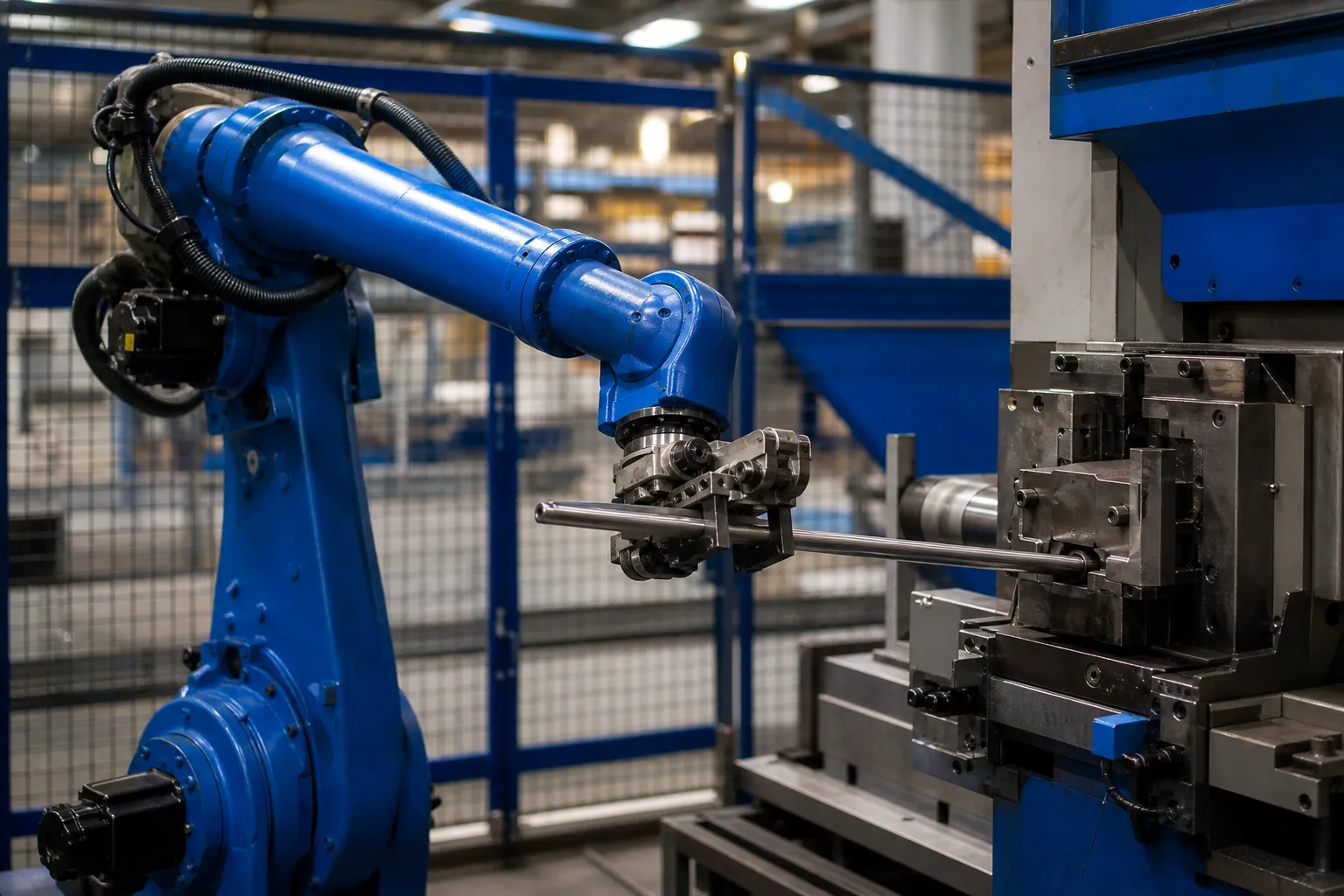 Industrial robot loading a straightening machine
