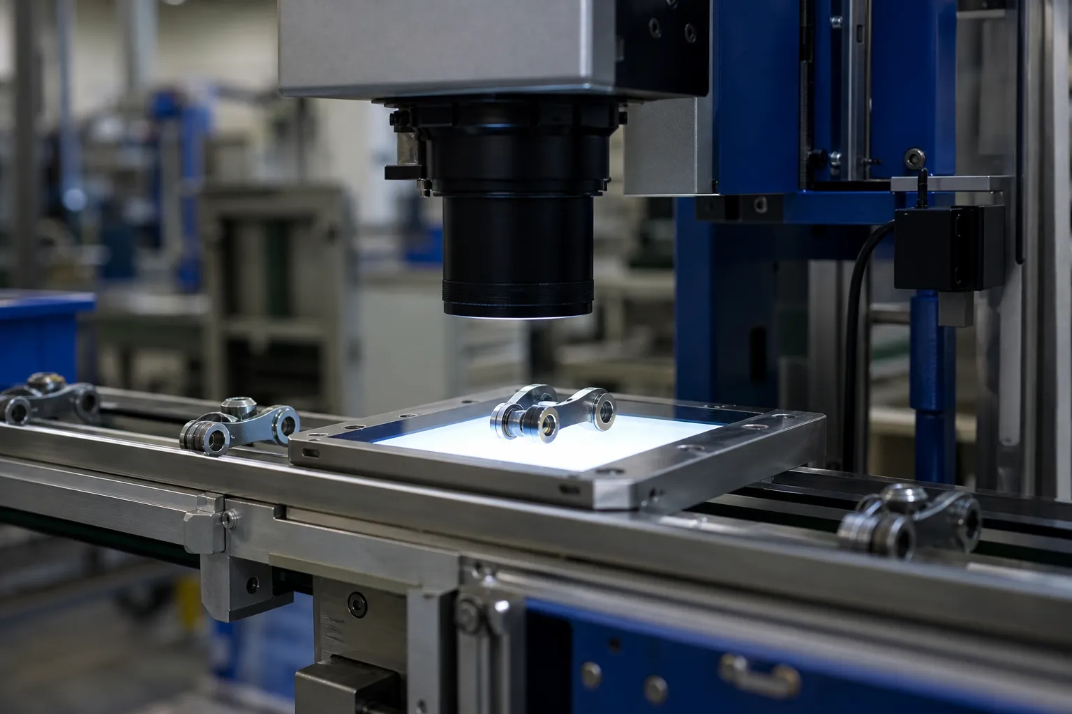 Külbütör Kolu Doğrultma Çözümütuvarındaki optik görüntü ölçüm istasyonunda doğrulanıyor Rocker arms being verified in an optical vision measurement station in a quality lab