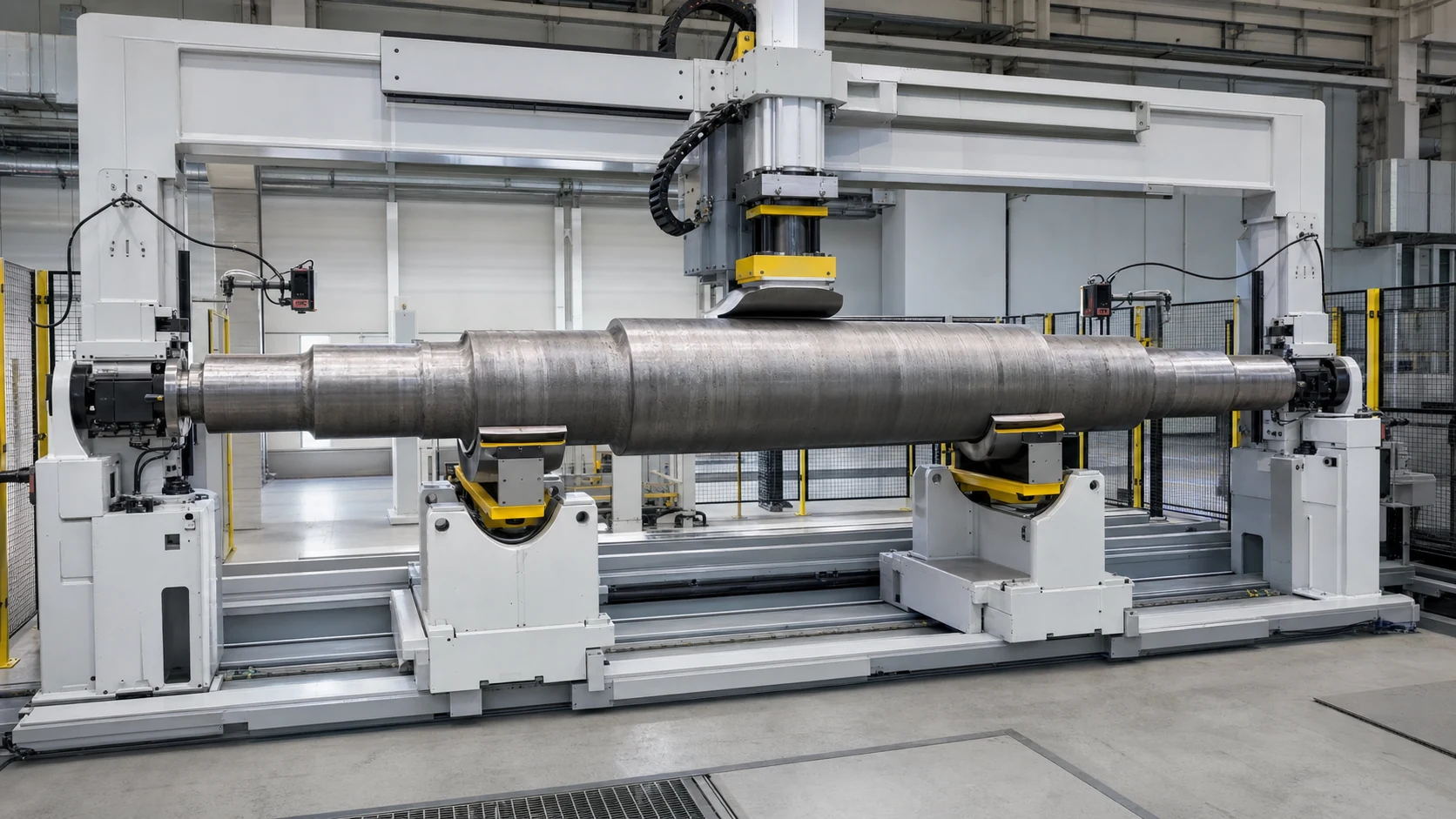 Engineering concept of a generic automatic shaft straightening cell with roller supports, measurement probes and a central press