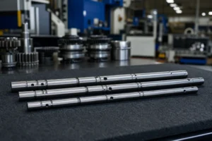 Hardened shift fork shafts with detent grooves on an inspection bench