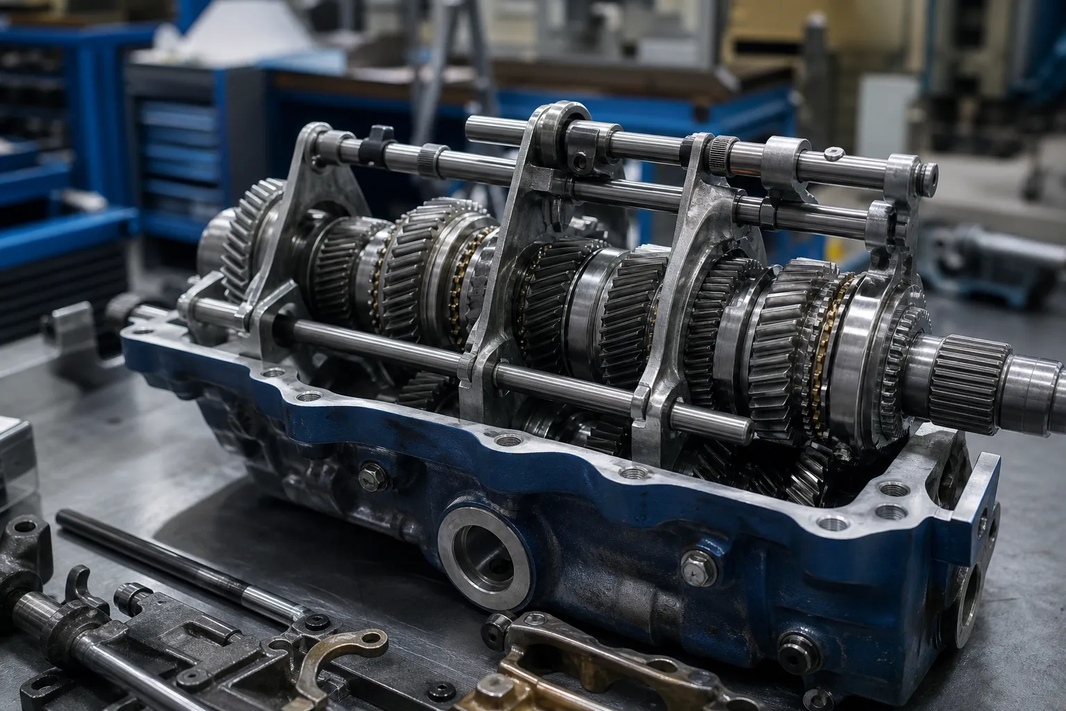 Shift Fork Shaft Straightening Solution Shift forks mounted on shift rails inside gearbox internals