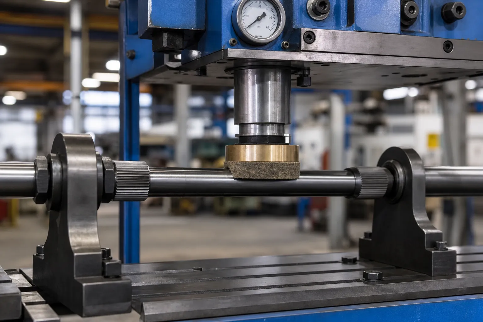 Shift Fork Shaft Straightening Solution Precision press correcting a hardened shift rail with grooves kept clear of contact