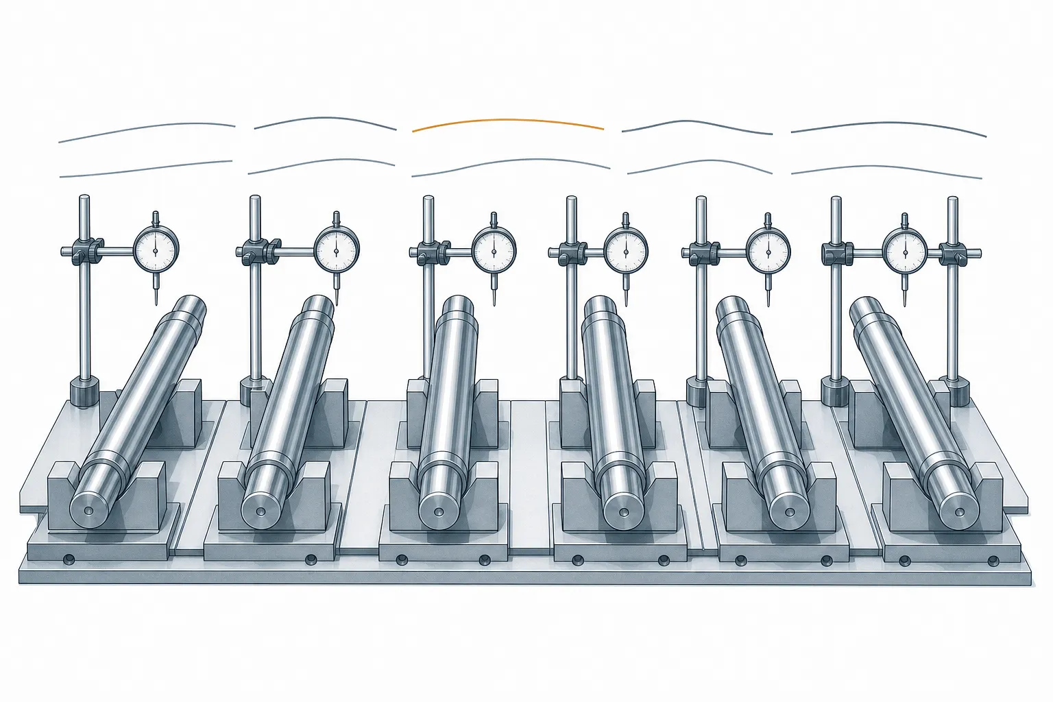 Shaft straightening springback variation shown as a family of runout curves across a production batch