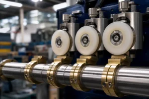 surface-protection tooling: soft contact rollers and brass keepers on a shaft