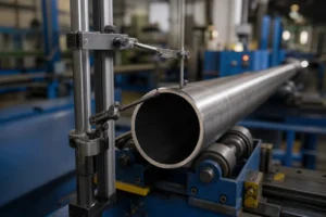a steel tube being measured for ovality and centerline straightness