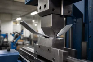 a metal specimen in a testing machine showing springback deformation