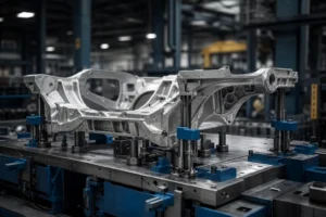 a large aluminum giga-casting structural automotive part on a 3D straightening cell