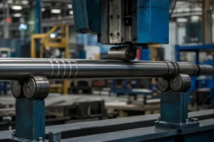 a heat-treated hardened steel shaft being straightened after heat treatment