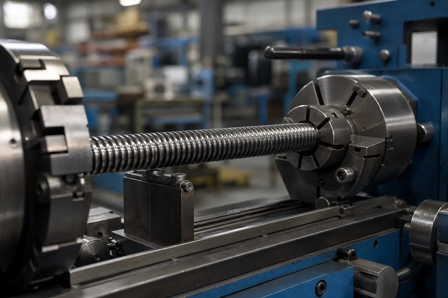 Automaattinen lyijyruuvin oikaisuratkaisu kiinnitys oikaisun aikana Threaded lead screw held by a rotating fixture during straightening