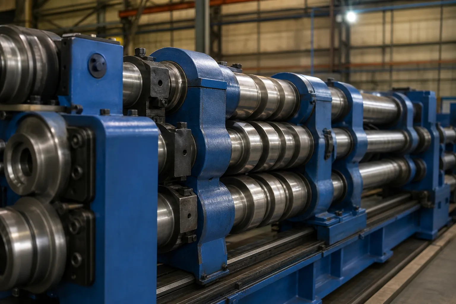 Surface-Protection Tooling in Straightening: Roll Geometry, Contact Stress and Verification Long steel bar straightening rolls industrial photograph