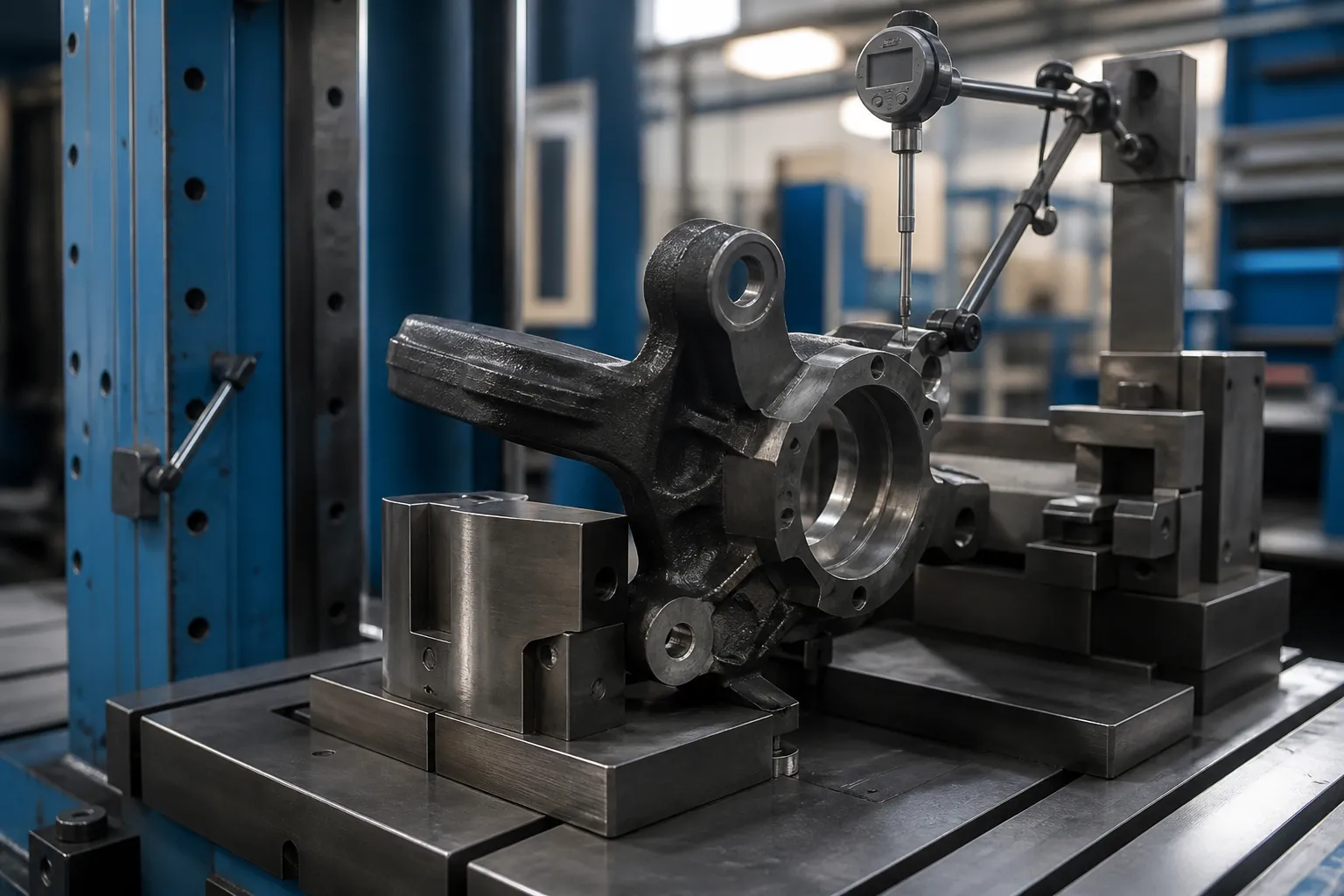 Automotive steering knuckle clamped in a precision fixture on an automatic straightening press with a dial probe measuring the hub face