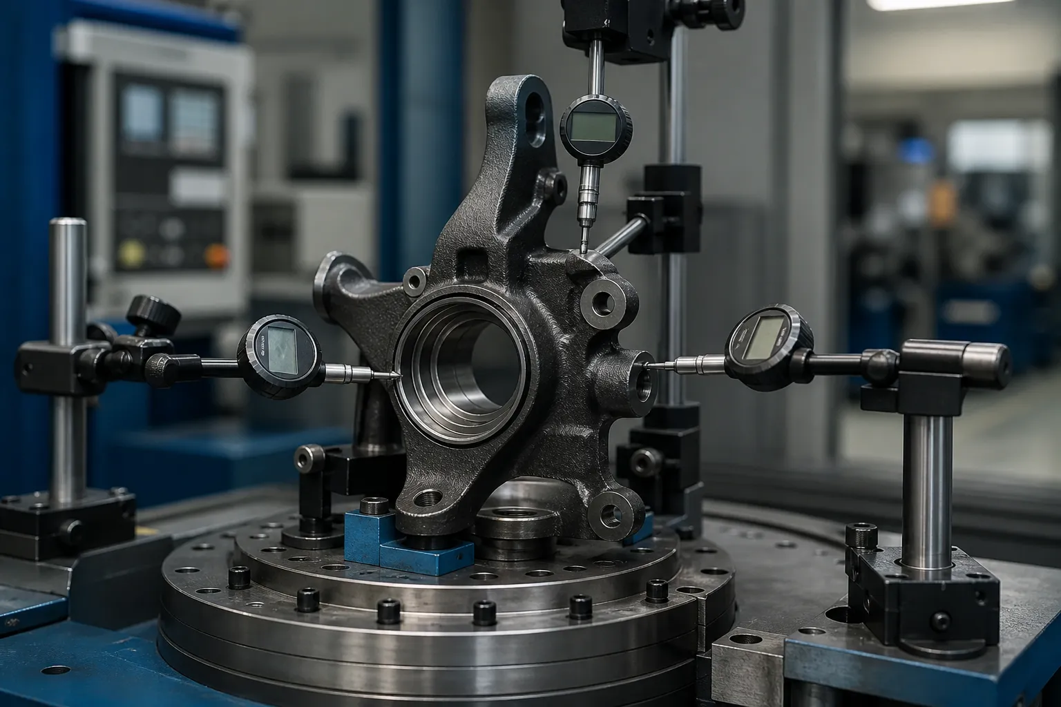 Steering knuckle on a rotation fixture with dial indicator probes measuring the hub bearing bore and steering arm