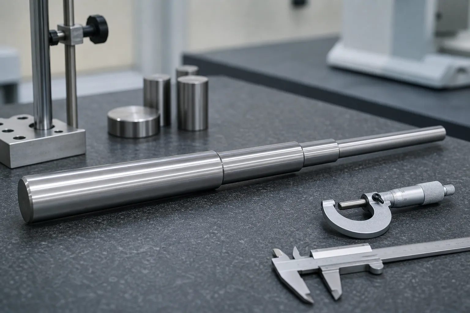 Kajian kes: Latihan sedikit meluruskan untuk pelanggan Korea Stepped medical drill bit shaft with precision measuring instruments on a metrology lab bench