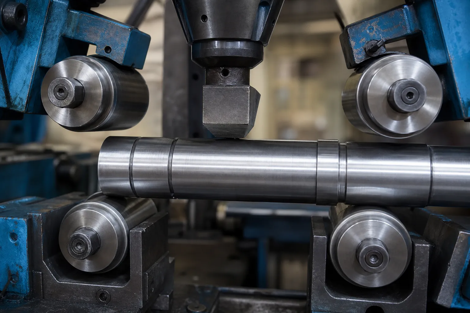 Straightening Fixture Design: Datums, Support Spans and Protected Contact Support rollers and anvil in contact with a shaft