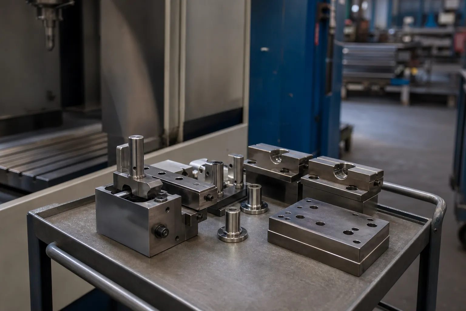 Straightening Fixture Design: Datums, Support Spans and Protected Contact Quick-change fixture set staged beside the machine