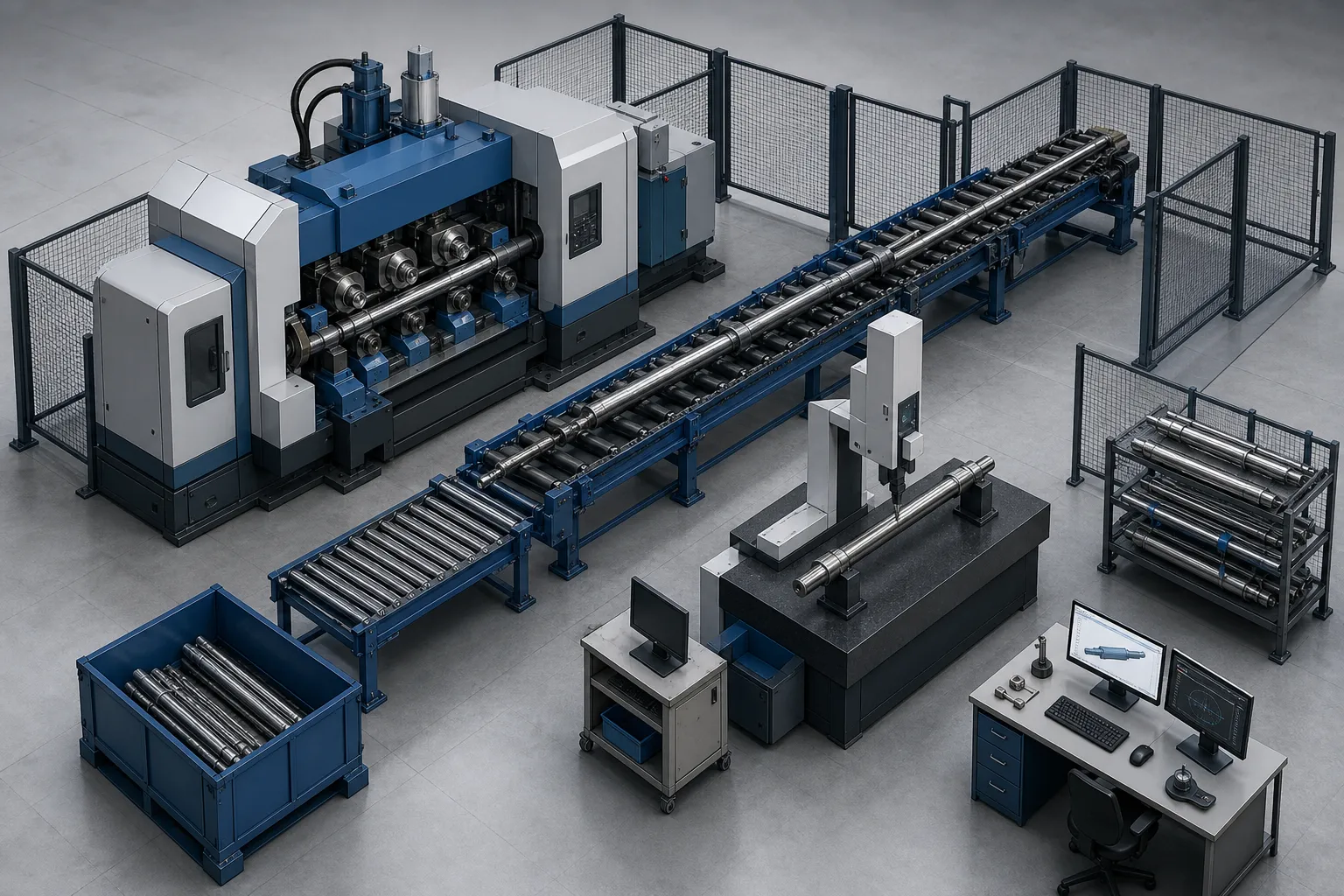 Straightening Machine FAQ: 20 Common Questions Answeredinženýrské ilustrace Overview concept illustration of a shaft straightening cell with machine, measurement and quality elements, engineering illustration