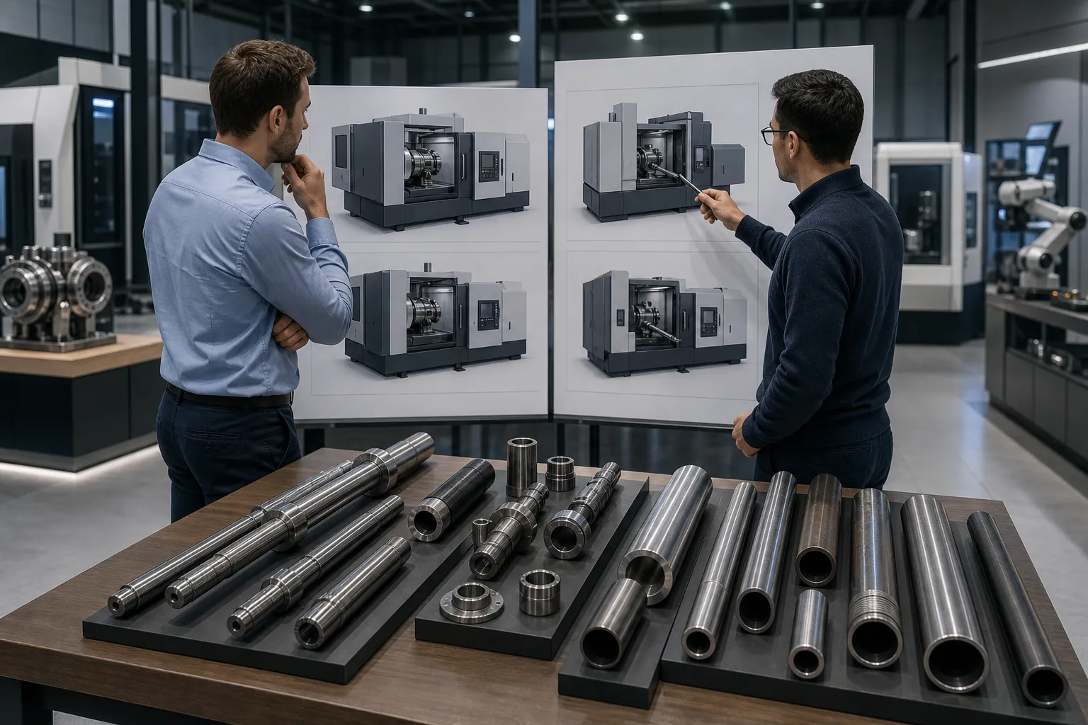 Straightening Machine FAQ: 20 Common Questions Answered Concept illustration of engineers evaluating straightening machine options against workpiece samples on a table