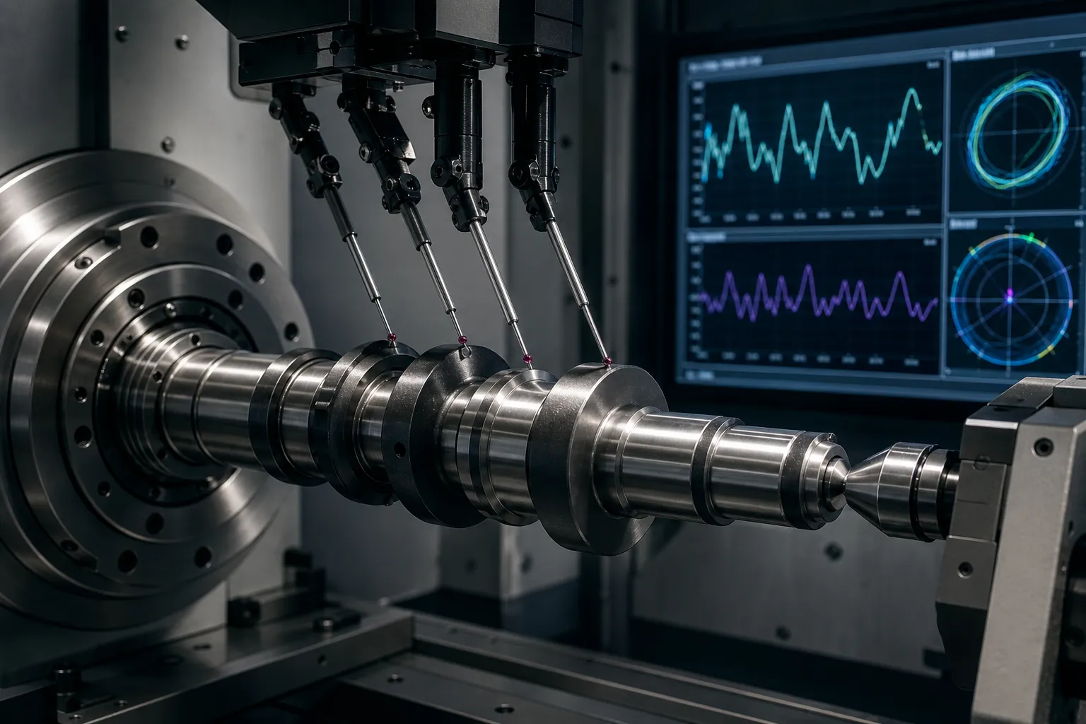 Straightening Machine FAQ: 20 Common Questions Answered Concept illustration of multipoint probes measuring a rotating shaft with data curves on a screen