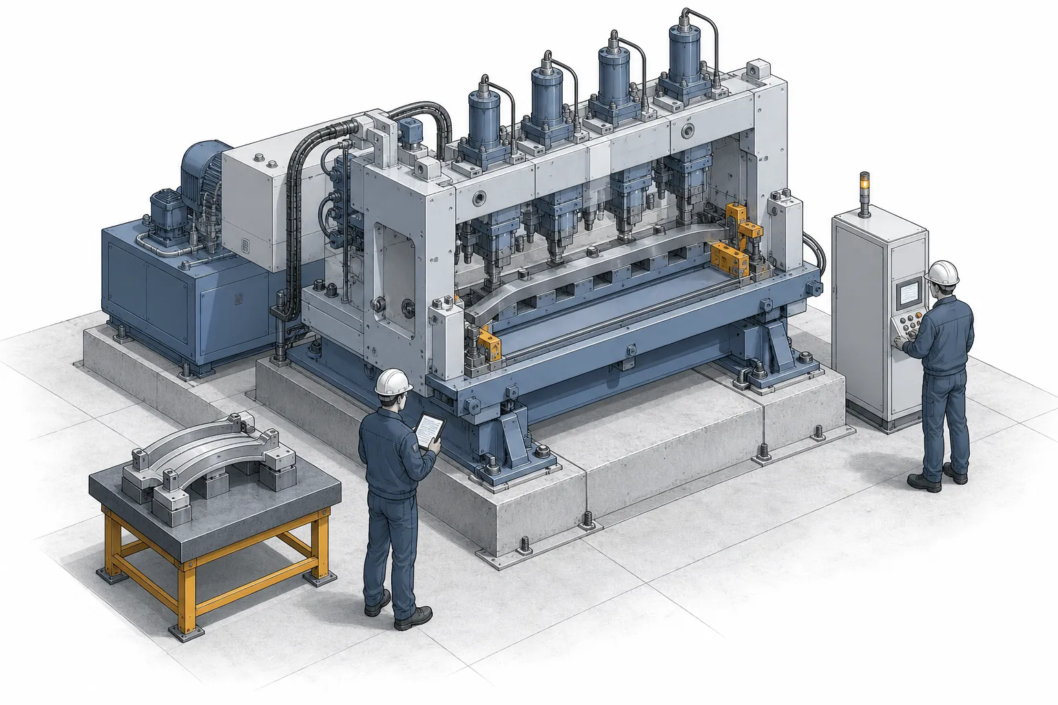 Straightening machine installed on a plant floor undergoing site acceptance testing with gauges and engineers