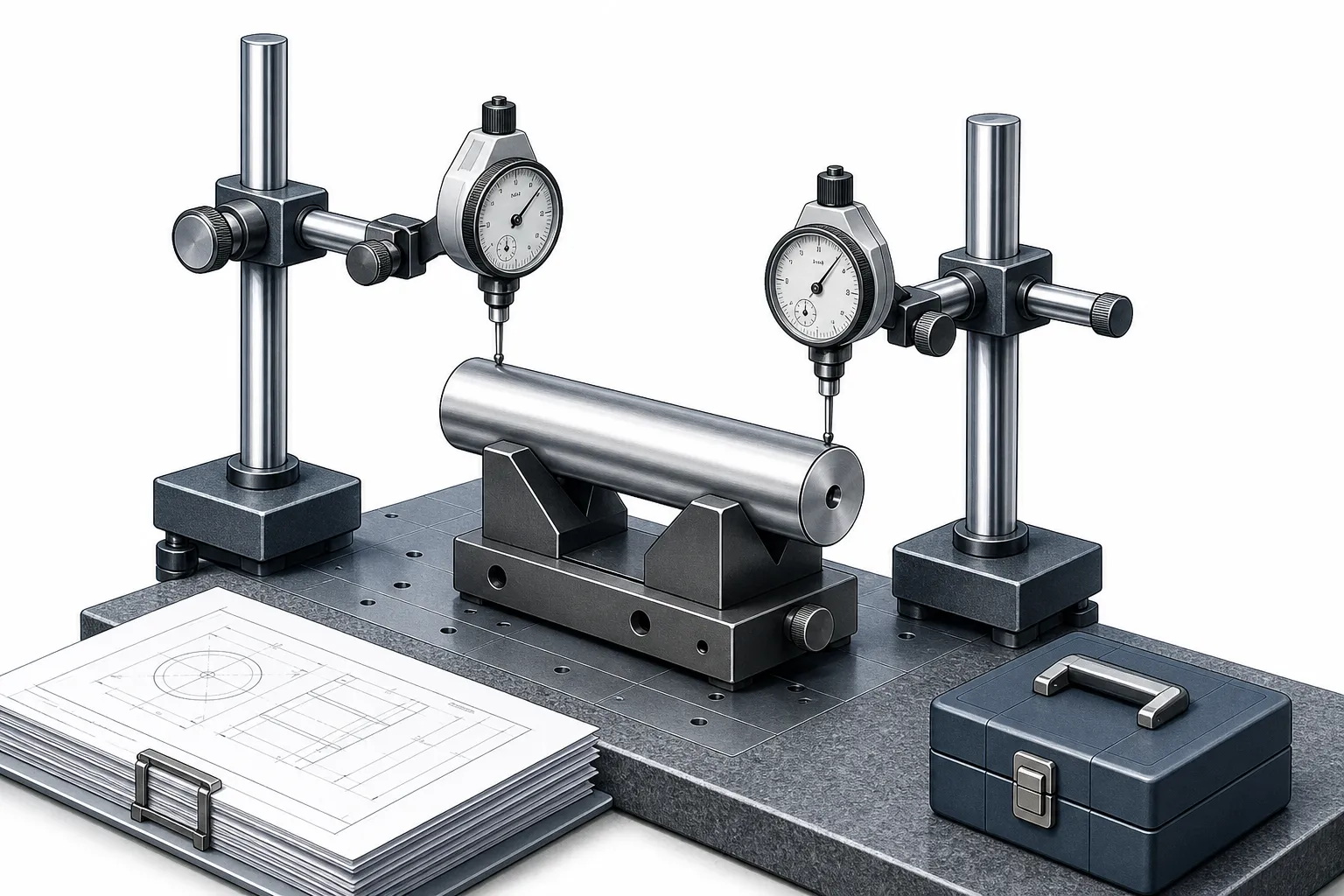 Metrology bench at site acceptance with gauge heads, setting masters and calibration records