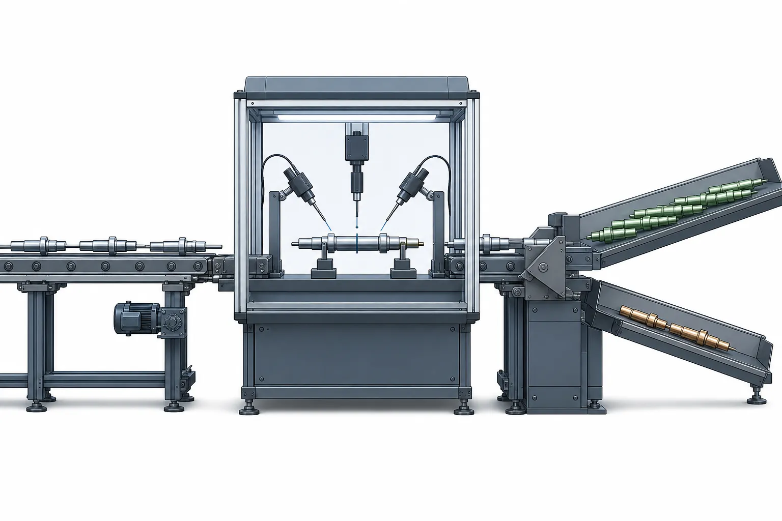 Straightening cell qualification run with parts measured and sorted into accepted and rejected streams