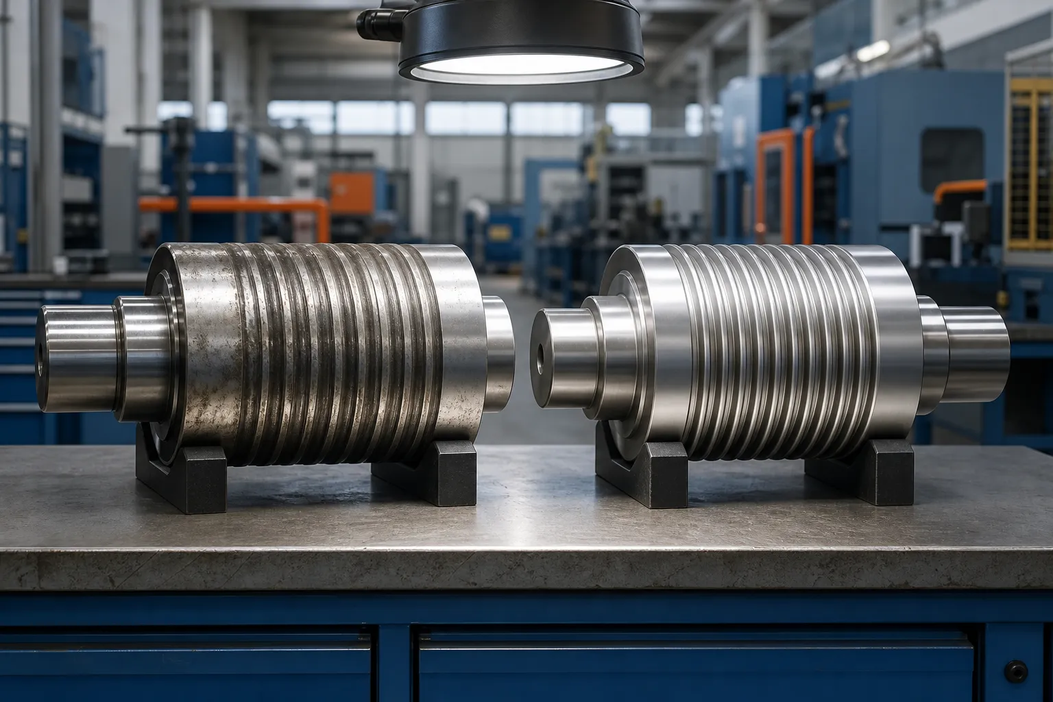 Straightening Roller Wear and Maintenance Worn and new straightening roll surfaces compared under inspection light