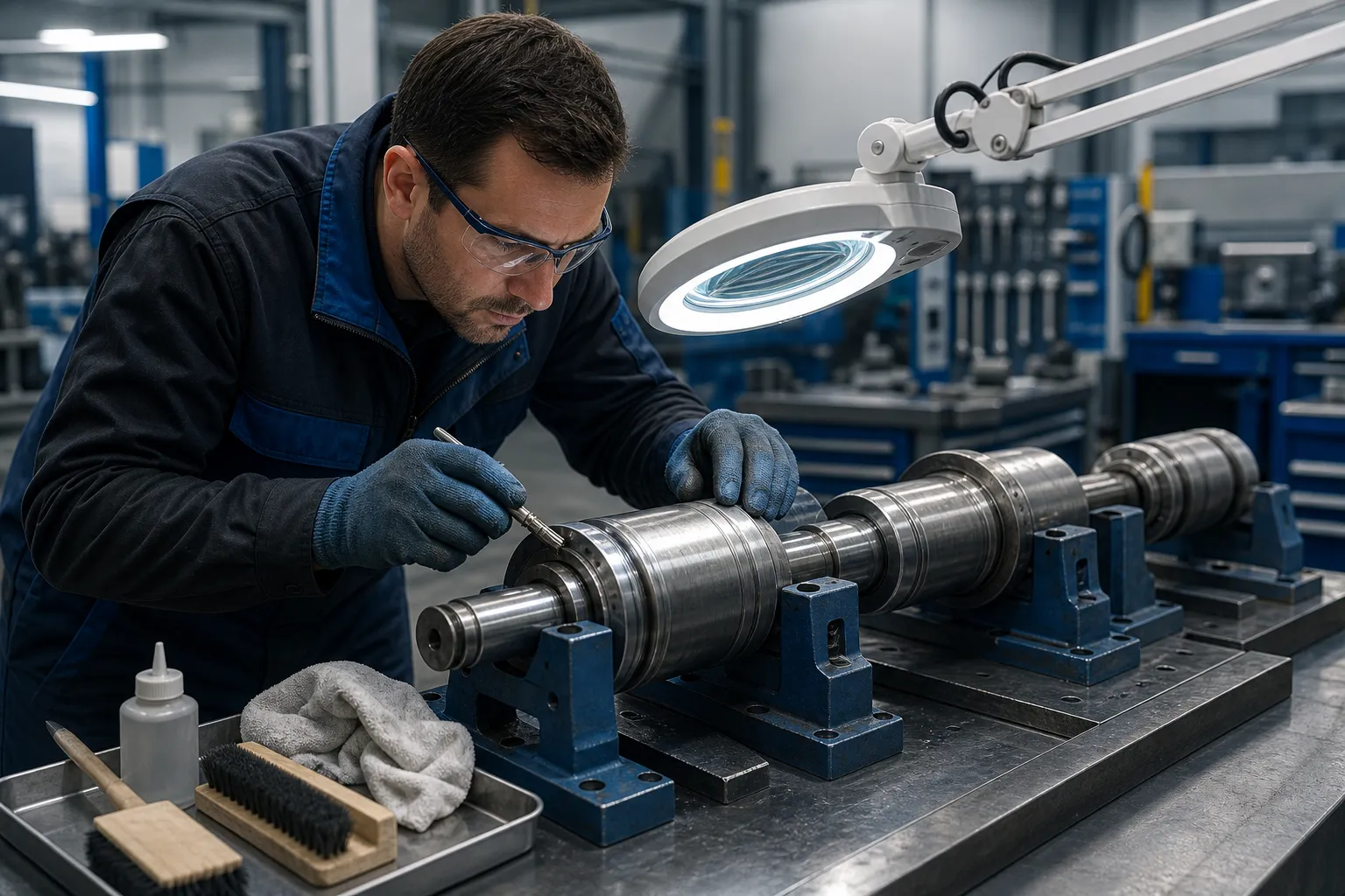 Straightening Roller Wear and Maintenance Roller groove surfaces inspected under magnification with cleaning in progress