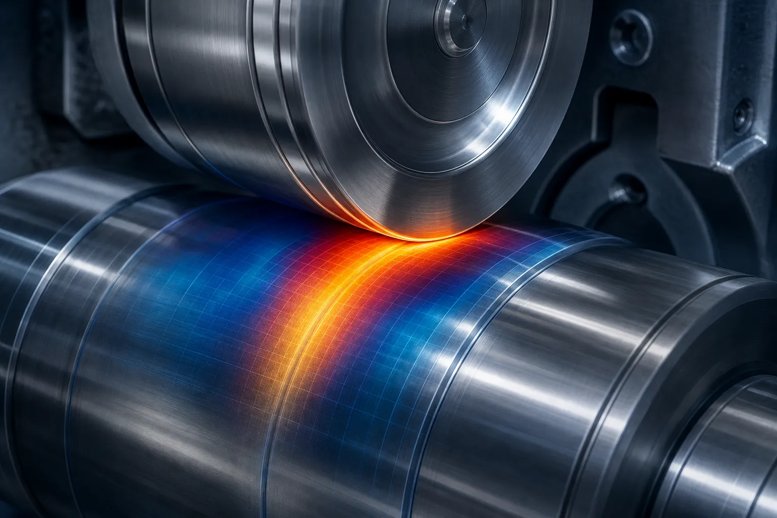 Close-up concept illustration of a hardened roll contacting a metal shaft surface, contact pressure visualization, engineering illustration