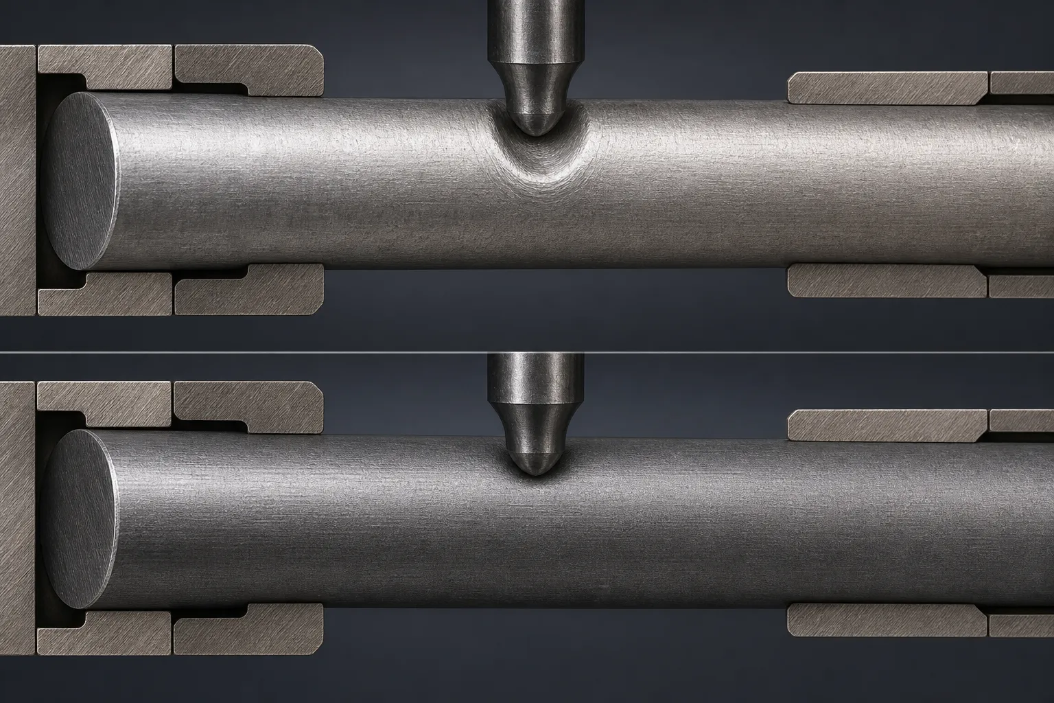 Concept illustration comparing surface indent depth on a soft metal shaft versus a hardened shaft under identical tool contact
