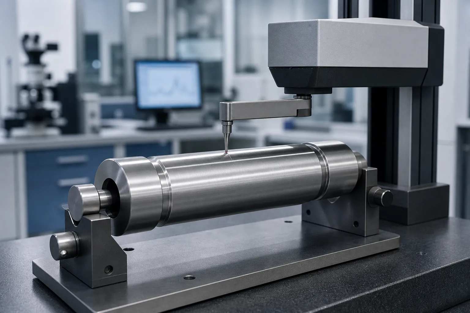 Metrology concept illustration of a surface roughness profilometer stylus tracing a metal shaft at a roll contact track