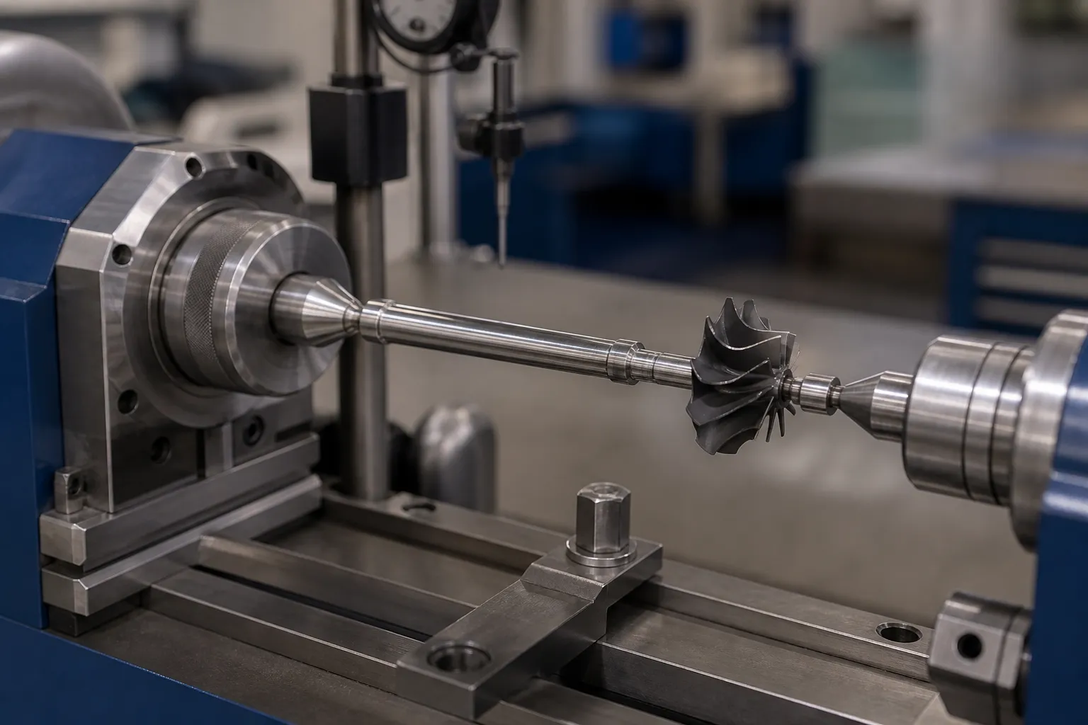 Turbocharger Shaft Straightening Solution Turbocharger shaft, a slender precision rotor shaft with a small turbine wheel at one end, mounted between centers on a measuring fixture